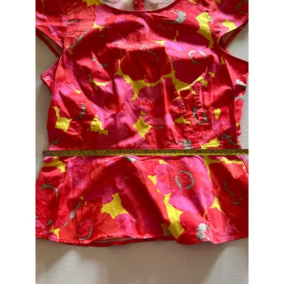 LOFT Floral Print Peplum Cap Sleeve Bright Orange Pink Yellow Top Size 4 - Picture 7 of 8